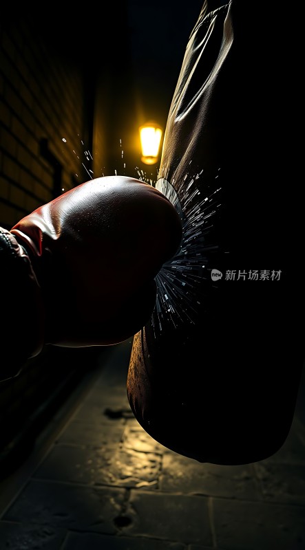 拳击手套与沙袋碰撞火花四溅