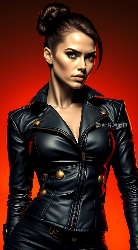 黑色皮衣女红背景