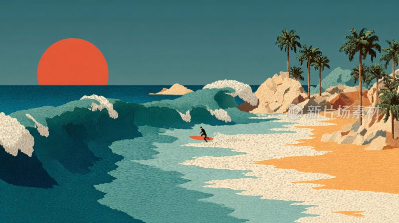 海边日落冲浪插画风景