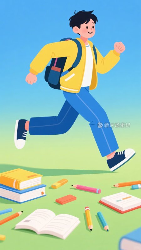 背着书包奔跑的上学少年