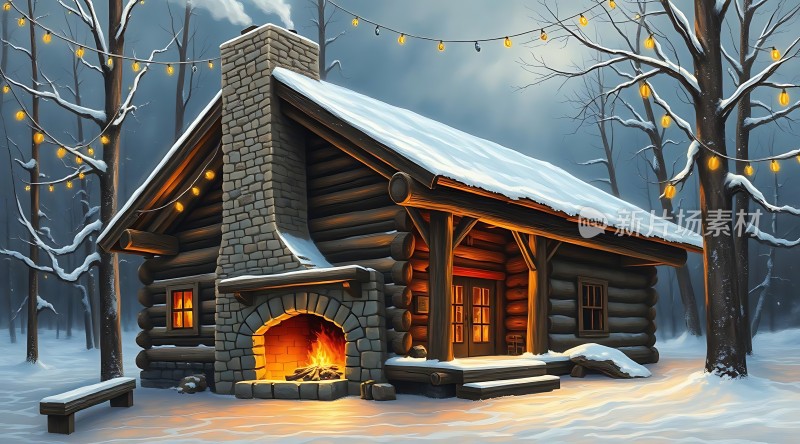 雪夜小木屋温馨 fireplace