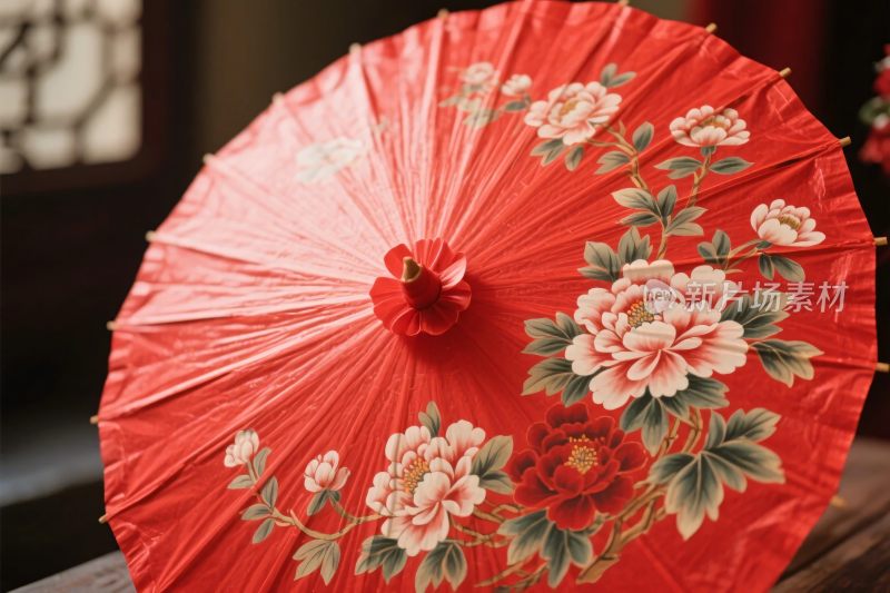 红色花卉传统油纸伞
