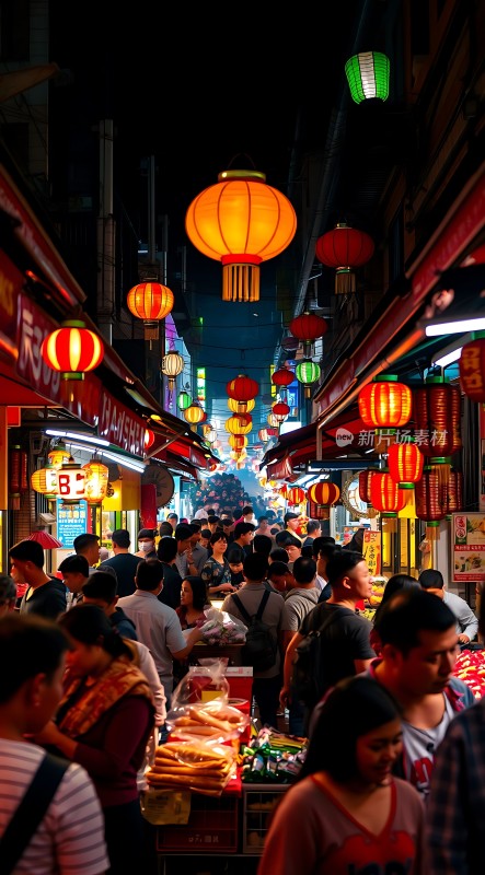 夜市繁华灯笼高悬人潮涌动热闹非凡