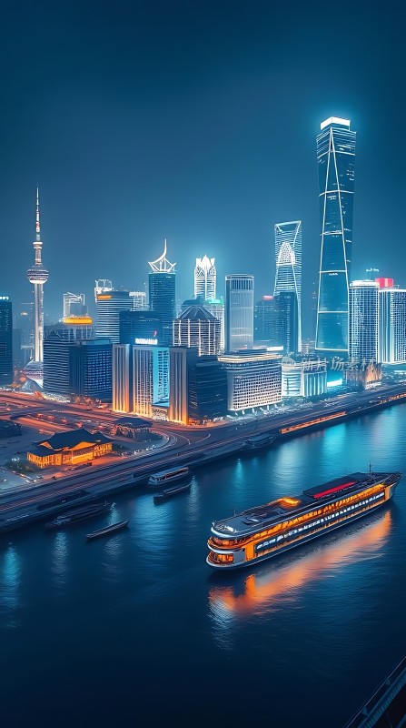 上海夜景灯光璀璨 黄浦江畔摩天大楼林立