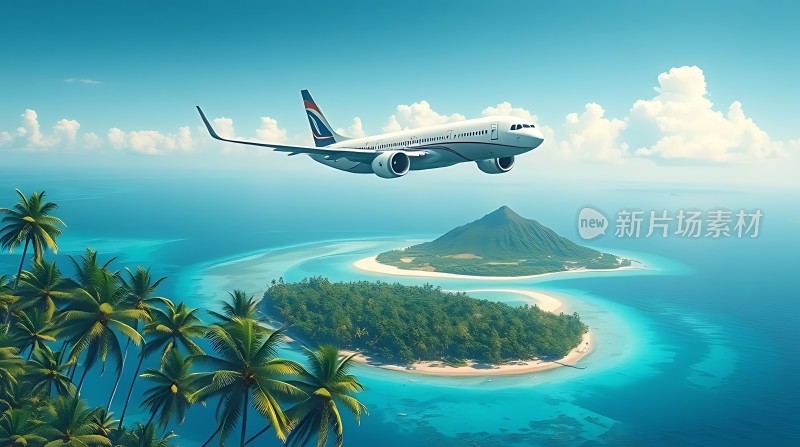 蓝天白云下的飞机飞越热带岛屿
