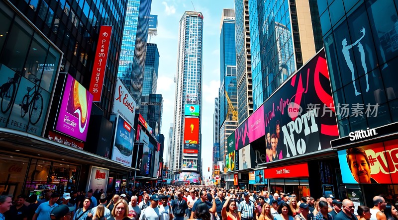 繁华都市街头摩天大楼与广告牌林立人群熙攘热闹非凡