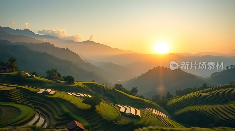 梯田晨曦阳光洒满山谷