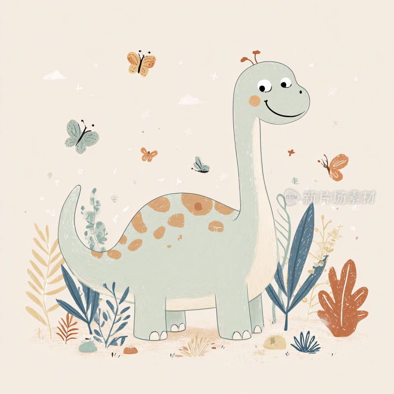 可爱恐龙与蝴蝶插画