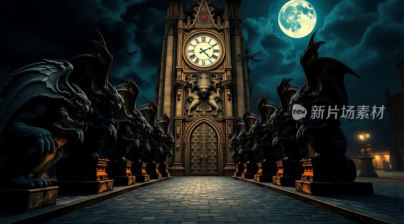 夜幕下的哥特式钟楼与恶魔雕像