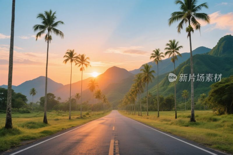 风景道路夕阳棕榈树