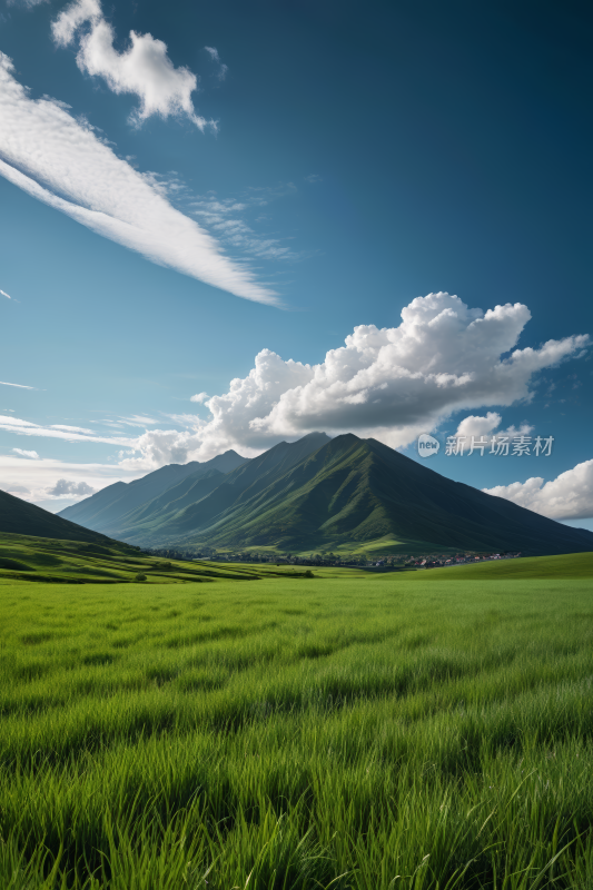 草地山脉蓝天白云高清风景图片