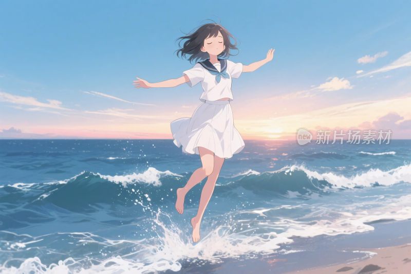 海边跳跃少女