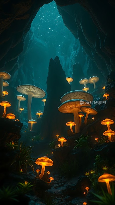 神秘洞穴中的荧光蘑菇世界