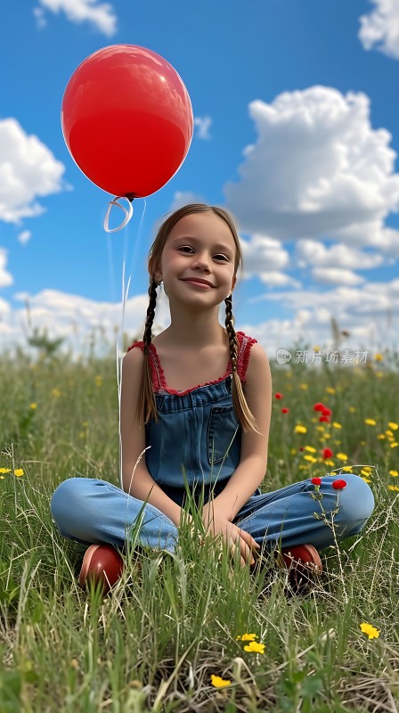 蓝天白云下的草地上的小女孩和红色气球