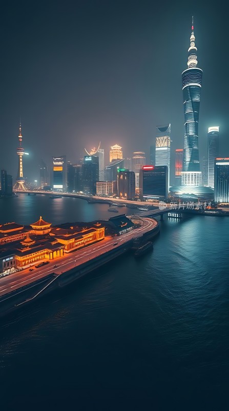黄浦江畔灯火璀璨东方明珠与上海中心大厦交相辉映
