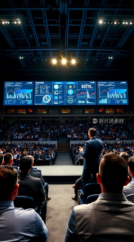 大型会议现场观众席上坐满了人前方有一个人正在发言屏幕上显示着各种图表和数据
