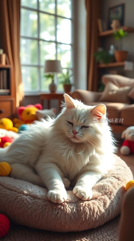 阳光下的白猫慵懒趴在毛绒垫上