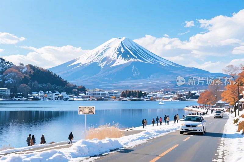 富士山冬景湖景图