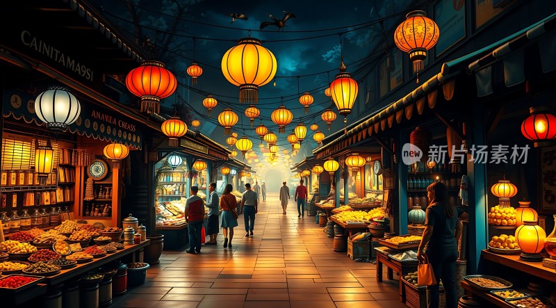 夜市灯笼下的繁华街景