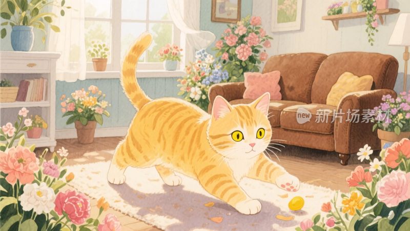 温馨室内橘猫玩球