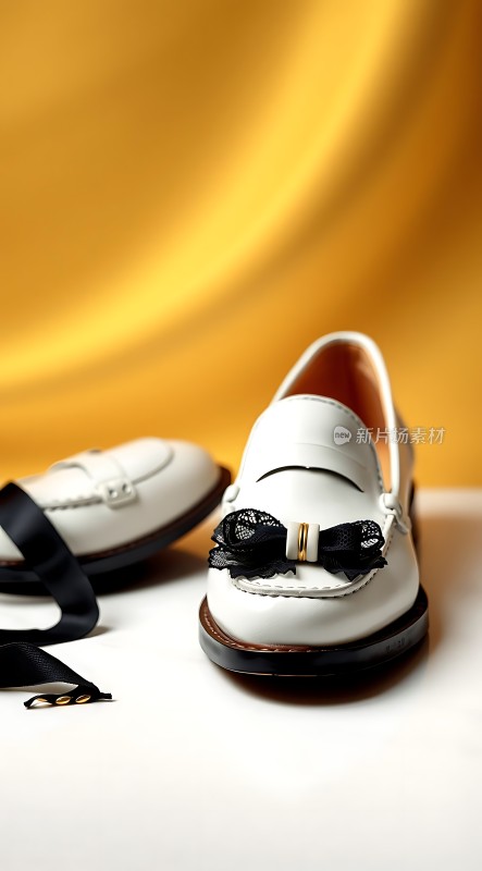 白色皮鞋配黑色蝴蝶结简约时尚