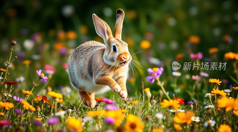 春日野兔嬉戏花丛间