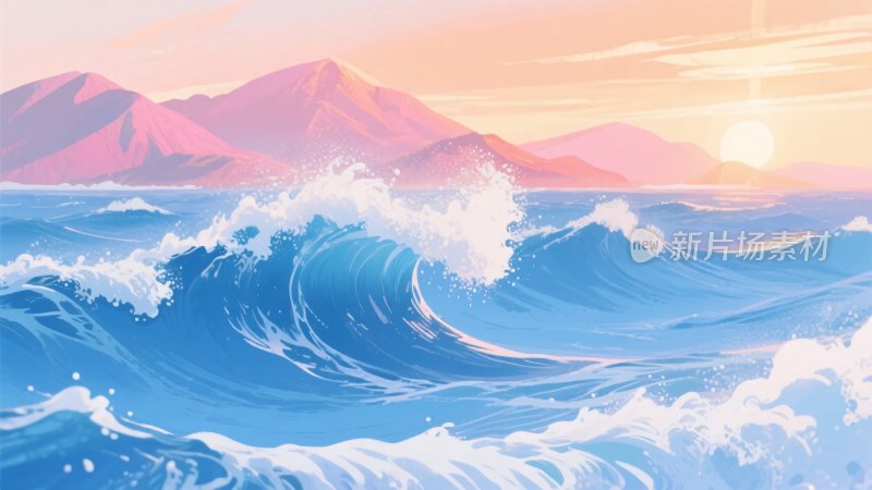海浪与远山的唯美黄昏景象