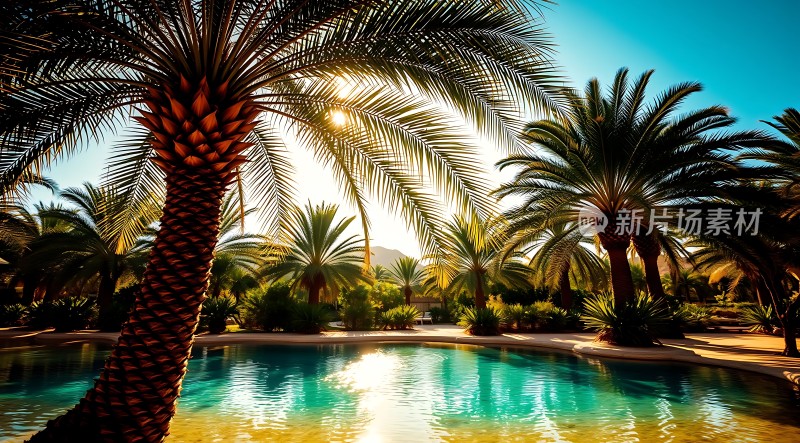 阳光下的热带风情泳池