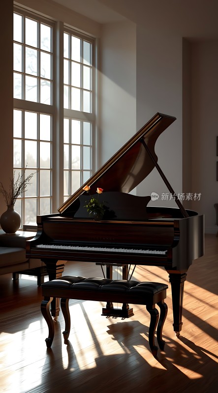 阳光下的钢琴与玫瑰