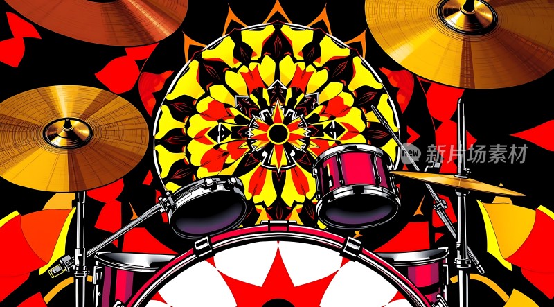 红色架子鼓与曼陀罗背景的结合