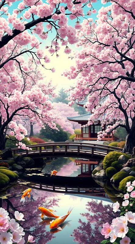 春日樱花映水阁金鲤戏波桥上影