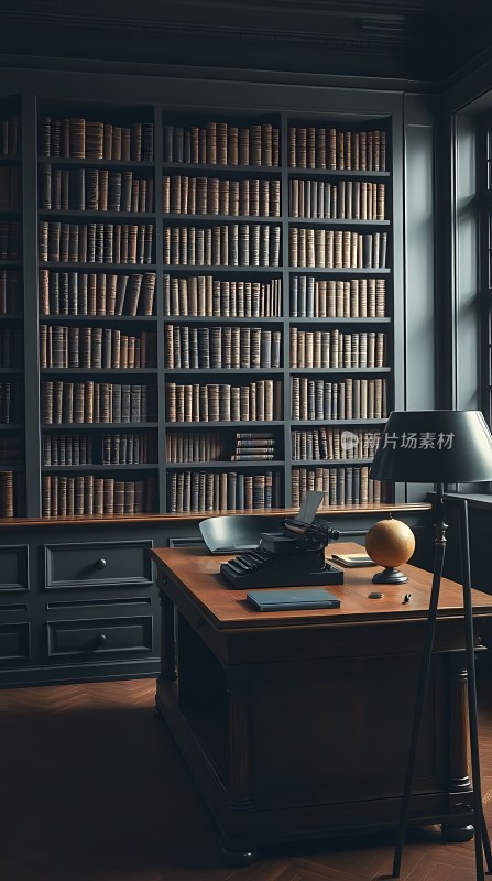 书房一角书架、桌椅与台灯营造静谧氛围