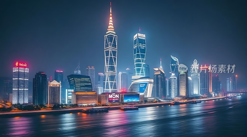 上海夜景黄浦江畔璀璨摩天大楼