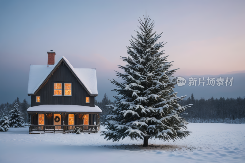 一栋房子前面一棵圣诞树的雪景高清背景图片