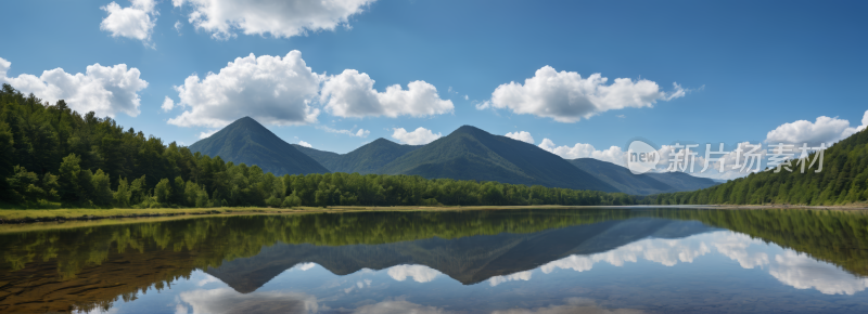 山倒映在树木和云彩的湖泊中高清风景