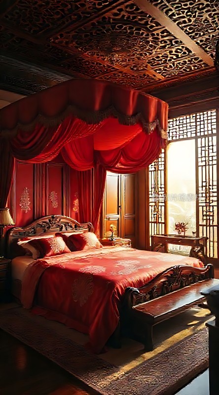 古风卧室红色床帏雕花木床精美窗格