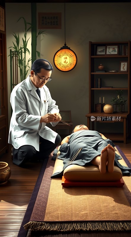 针灸医生专注施针患者静卧接受治疗