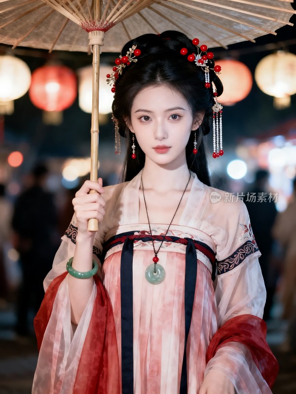 汉服佳人撑油纸伞