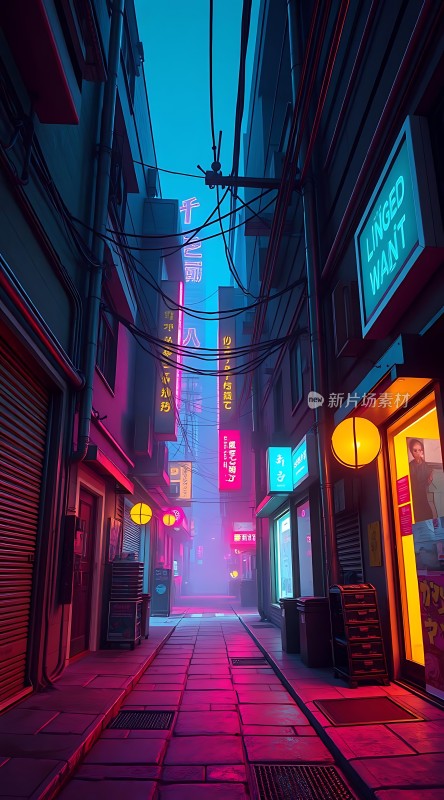 霓虹灯下的未来都市街道