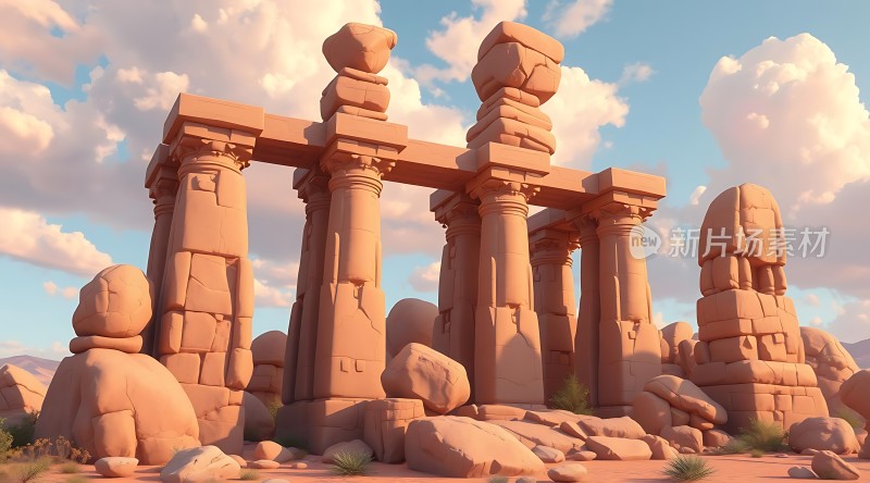 沙漠古遗迹柱石与云彩映衬下的神秘建筑