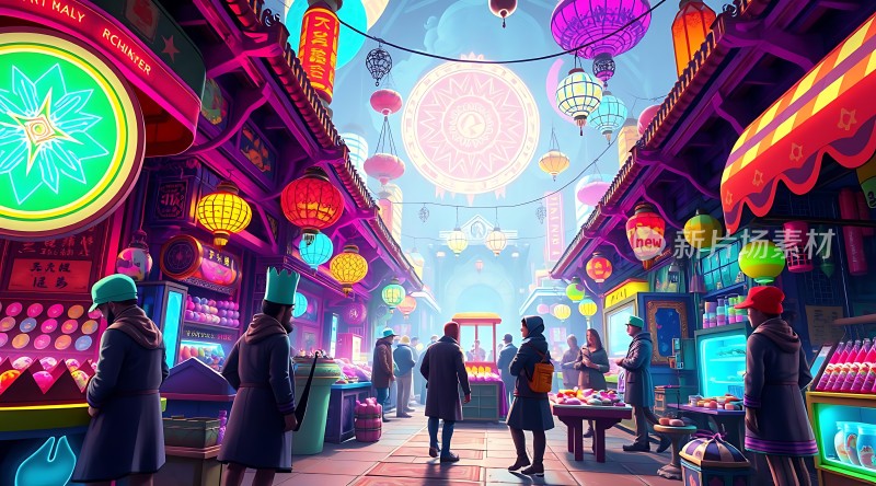 霓虹灯下的繁华夜市
