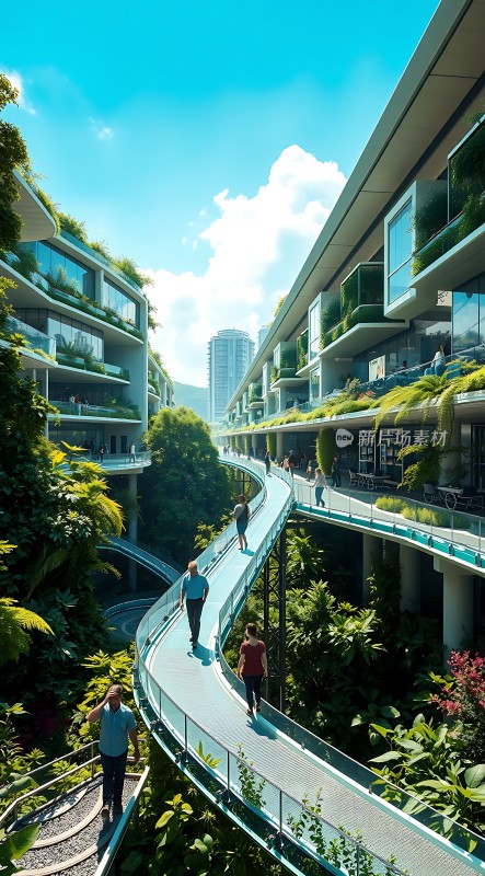 绿色生态步道上的现代建筑