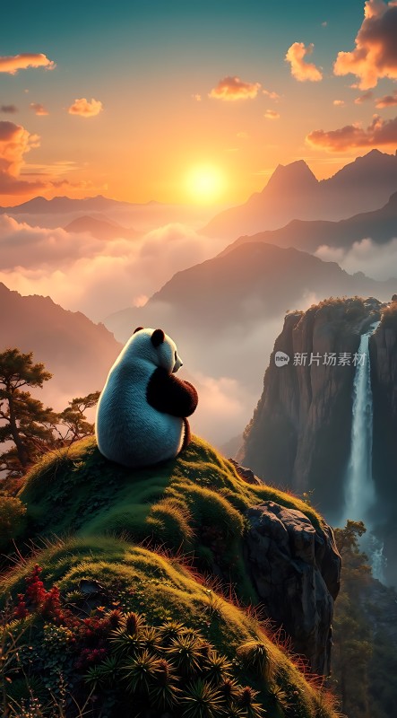 熊猫观日落瀑布奇景