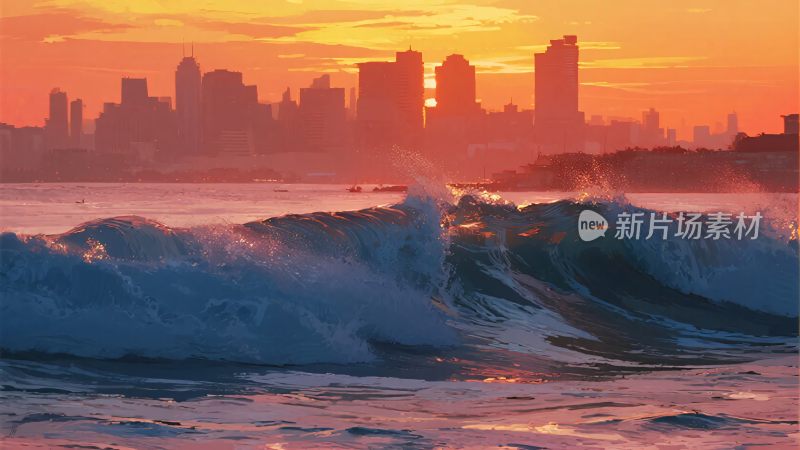 夕阳下城市与海浪景观