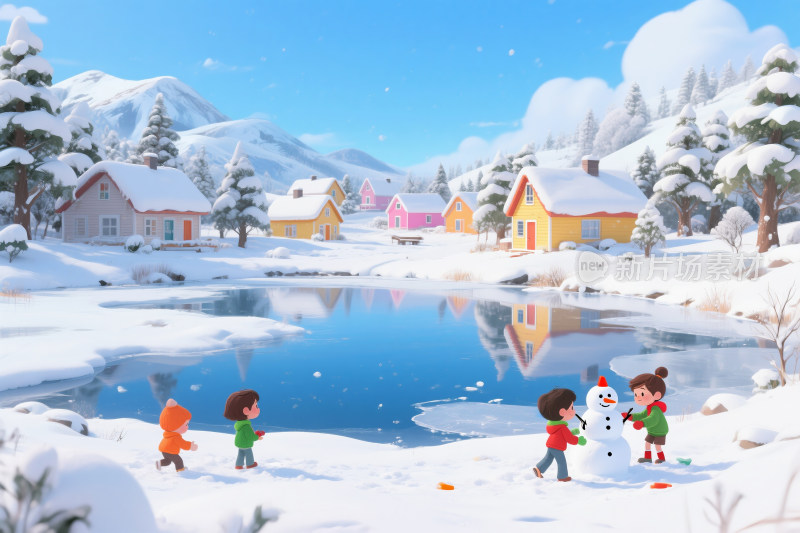 冬季童话般的雪景和孩子们堆雪人