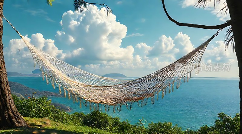 蓝天白云下的海边吊床