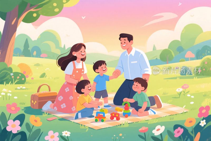 一家人户外野餐玩乐场景