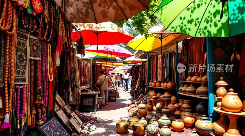 阳光下的集市陶器与手工艺品琳琅满目