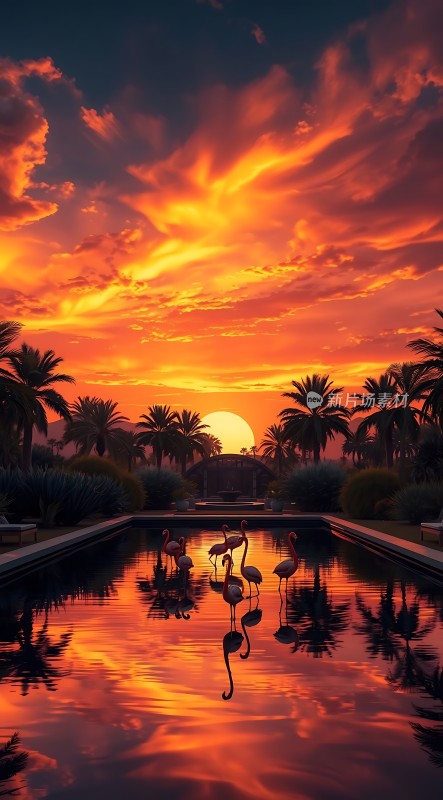 日落下的火红天空与倒影池中的火烈鸟