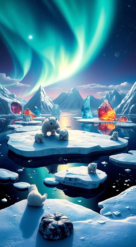 极光下的北极熊家庭